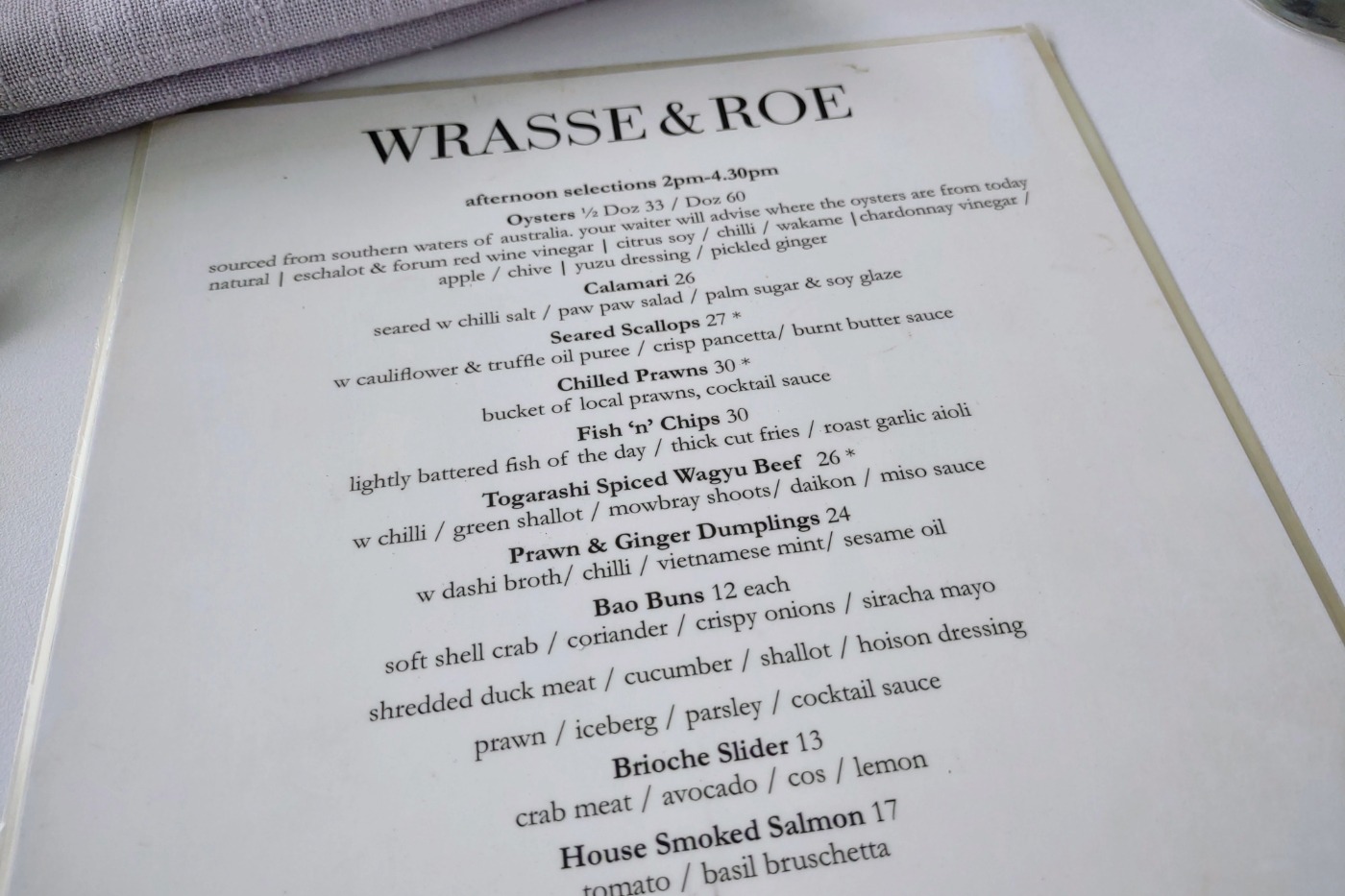 Wrasse and Roe restaurant Port Douglas menu