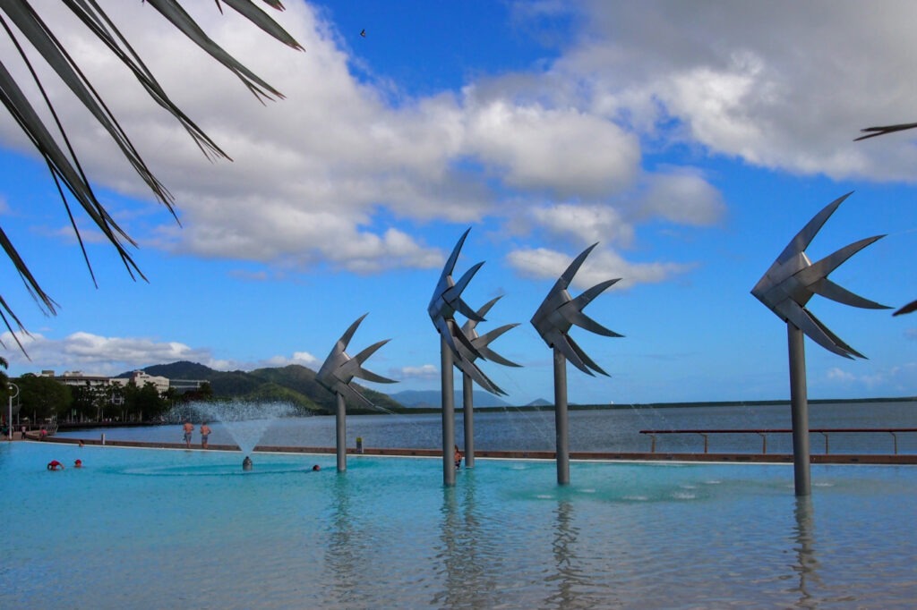 View of the swimming pool "The Cairns Lagoon" and the estuary and esplanade