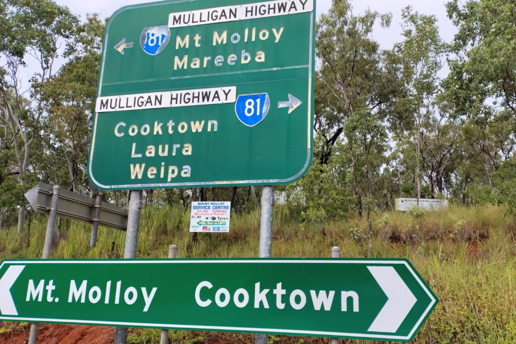 Mt Mollow to Cooktown Mulligan Highway road sign